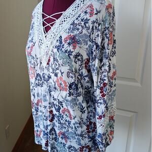 St John's Bay Ivory Floral Lace-trim Tunic XXL boho cottage hippie V-neck EUC